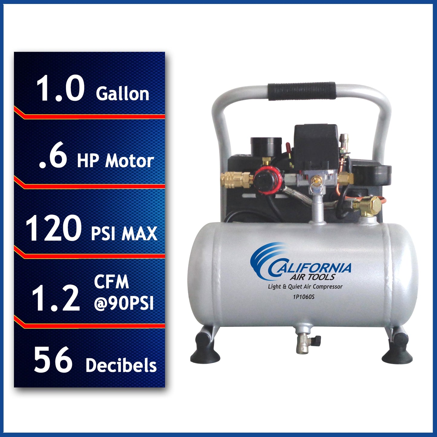 California Air Tools Light and Quiet 1-Gallon Portable Electric 120 PSI Horizontal Air Compressor CAT-1P1060S