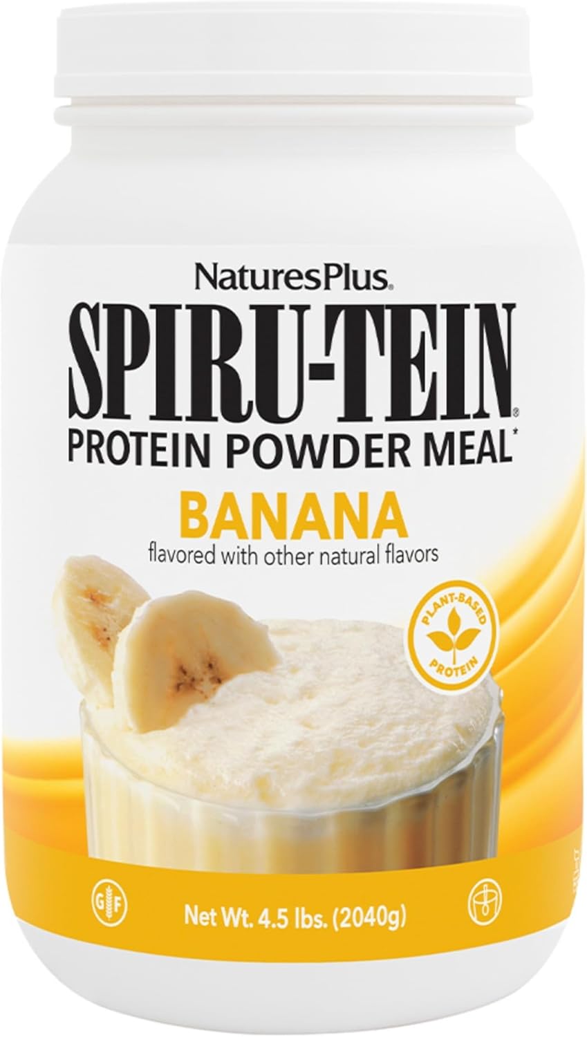 Natures Plus SPIRU-TEIN, Banana - 4.5 lbs - Plant-Based Protein Shake - Non-GMO, Vegetarian, Gluten Free - 60 Servings