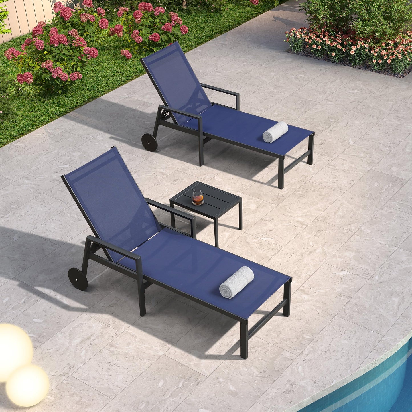 PURPLE LEAF Chaise lounge Set of 2 With Armrest Aluminum Frame Stationary Chaise Lounge Chair with Navy Cushioned Seat