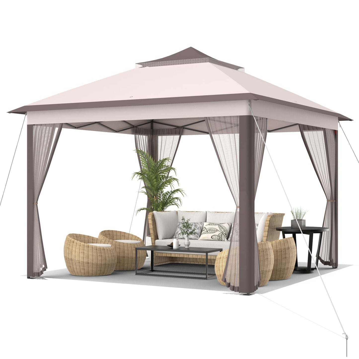Clihome 11-ft x 11-ft 11' x 11' 2-Tier Pop-Up Portable Gazebo with Carry Bag Beige with Soft Top Roof (Screen Included)