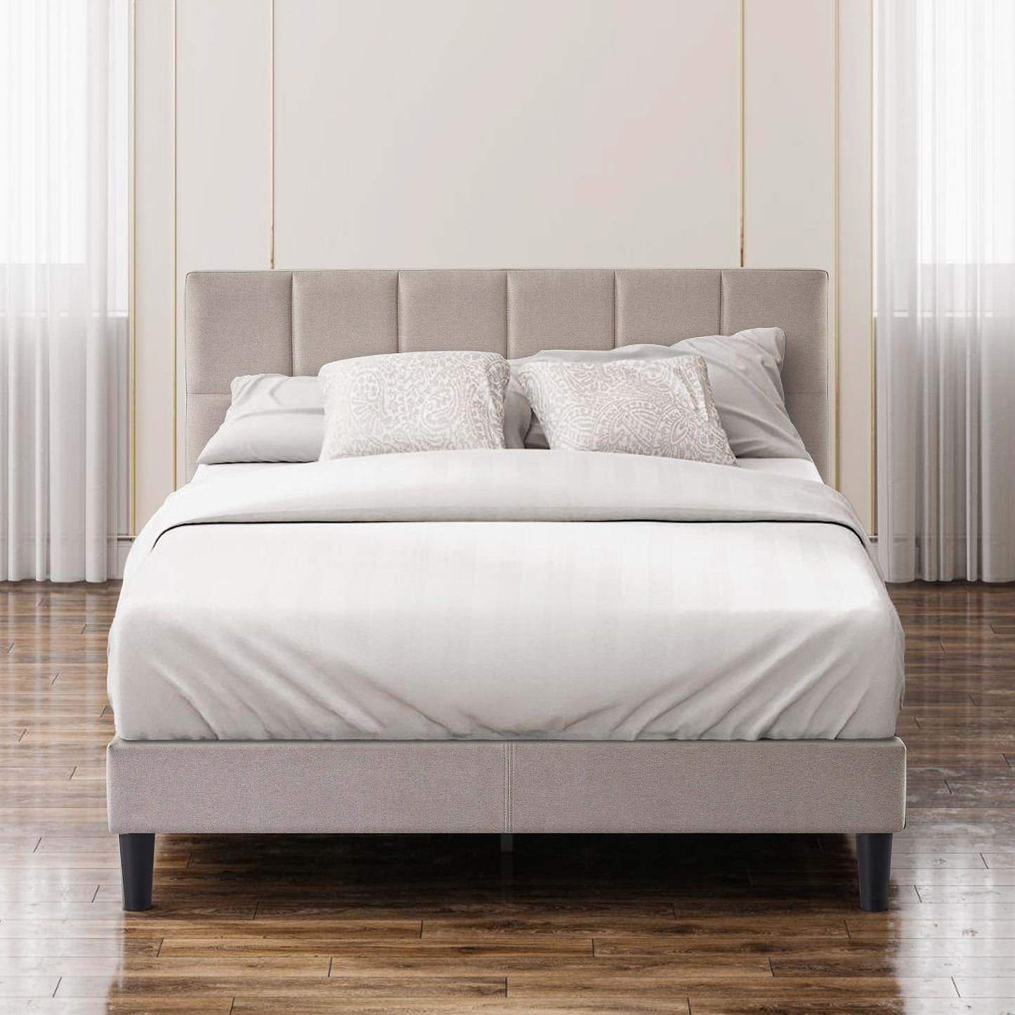 Zinus King Beige Metal Upholstered Bed with Headboard