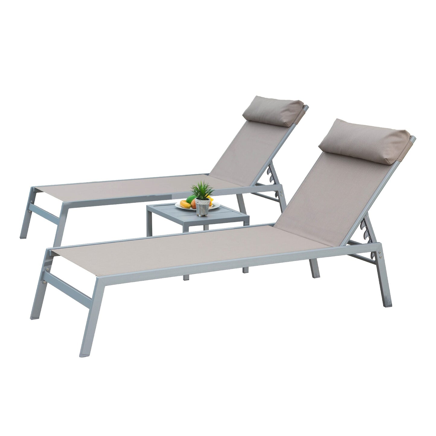 AHIOU HOME Noah Set of 2 Stackable Gray Aluminum Frame Stationary Chaise Lounge Chair with Tan Mesh Seat