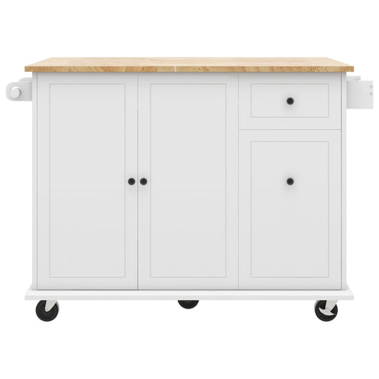 Kahomvis White MDF Base with Wood Wood Top Rolling Kitchen Island ( 29-in x 54-in x 36.8-in )