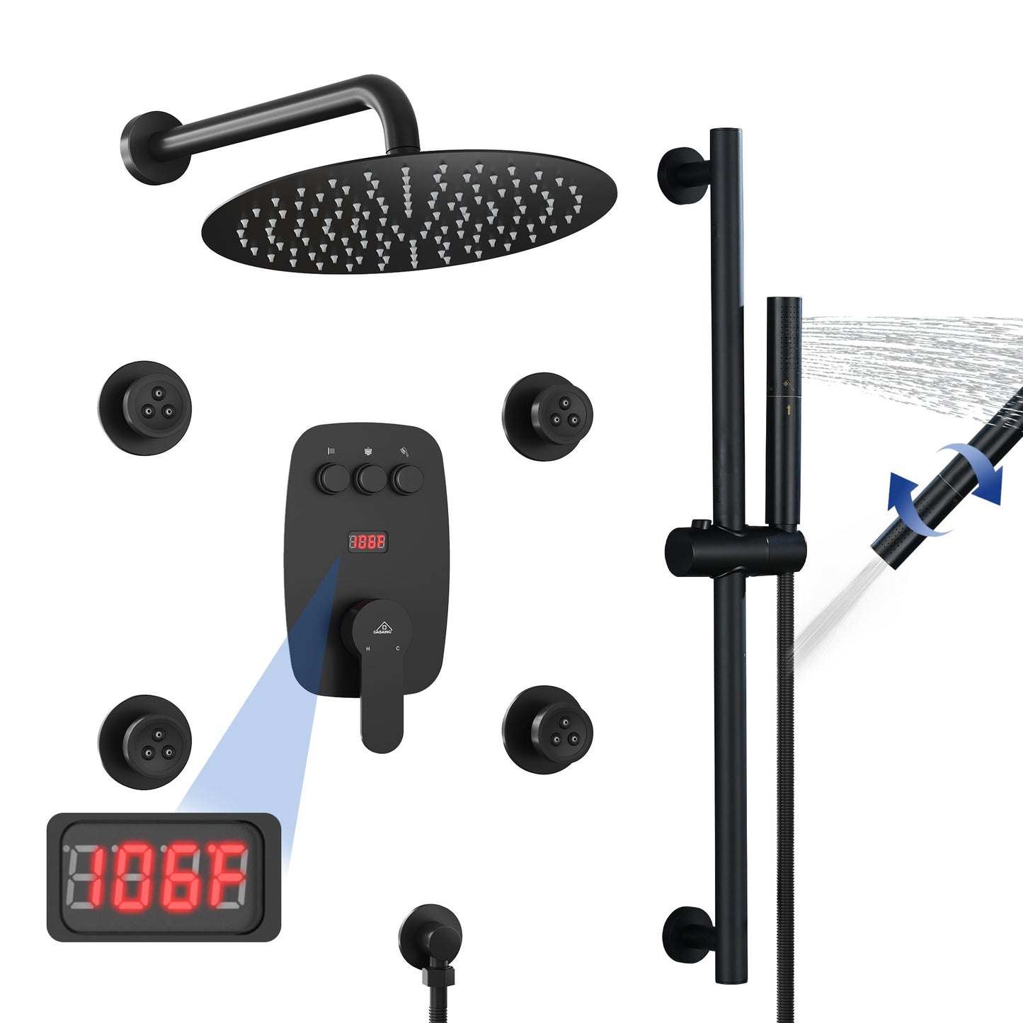 CASAINC Luxury Matte Black 12-in Built-In Shower Faucet System with 3-way Diverter ( Thermostatic Valve Included )