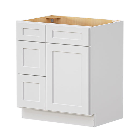 LOVMOR 30 in. W x 21 in. D x 34.5 in. H Plywood Bathroom Vanity Base Cabinet without Top with 3 Left Drawers in Shaker Dove