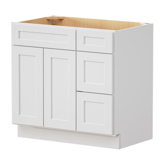 LOVMOR 36 in. W x 21 in. D x 34.5 in. H Plywood Bathroom Vanity Base Cabinet without Top with 3 Right Drawers in Shaker Dove