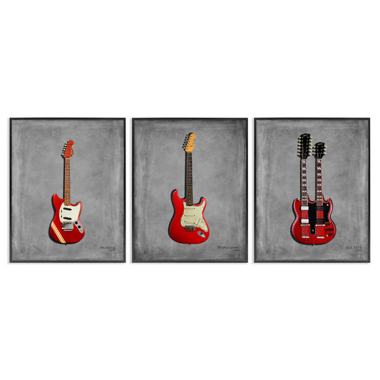 Stupell Industries  Red Guitars Collection 3pc Framed Giclee Set Design by Mark Rogan