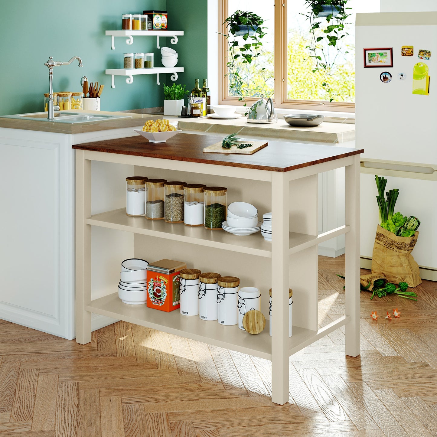 Runesay Black MDF Base with Wood Kitchen Cart ( 31.1-in x 48.23-in x 15-in )
