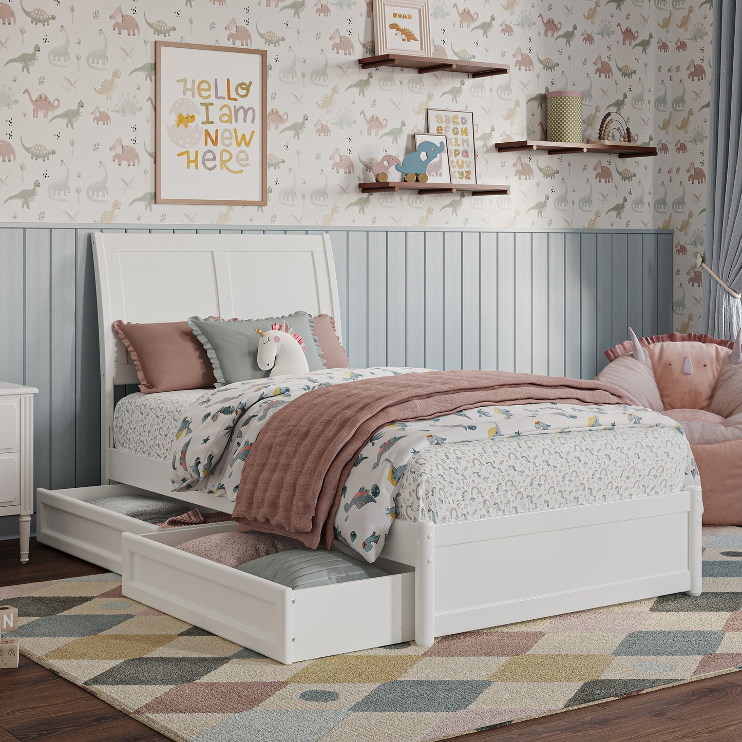 AFI Twin White Wood Storage Platform Bed with Headboard