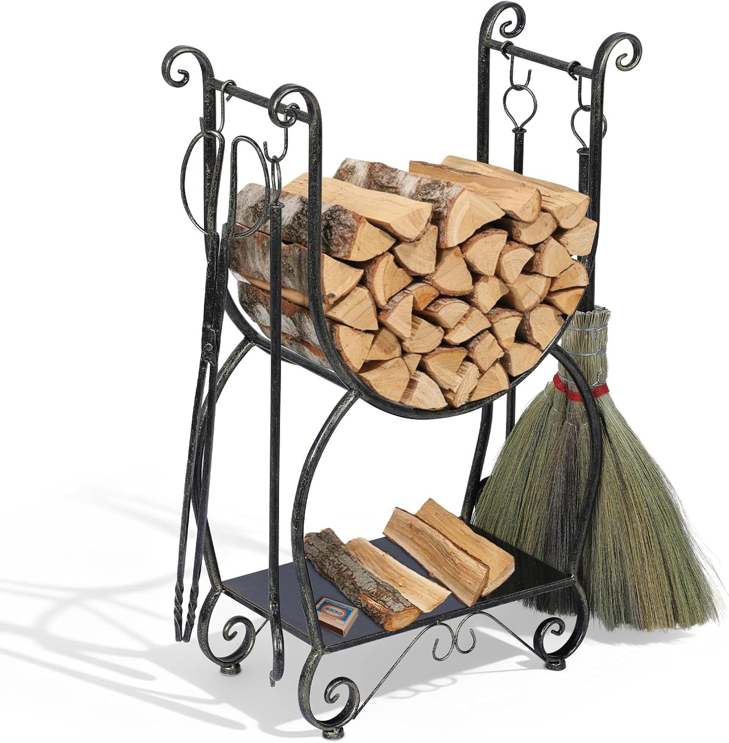 Fireside Wood Storage Organizer with 4 Fireplace Tools Black Copper Log Holder No Need To Install Adjustable Stacker Stand for Camping