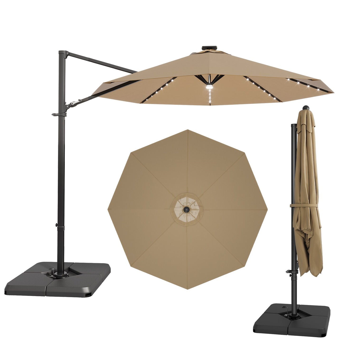 Patiowell 10-ft Iron Brown Crank Cantilever Patio Umbrella with Lights with Base