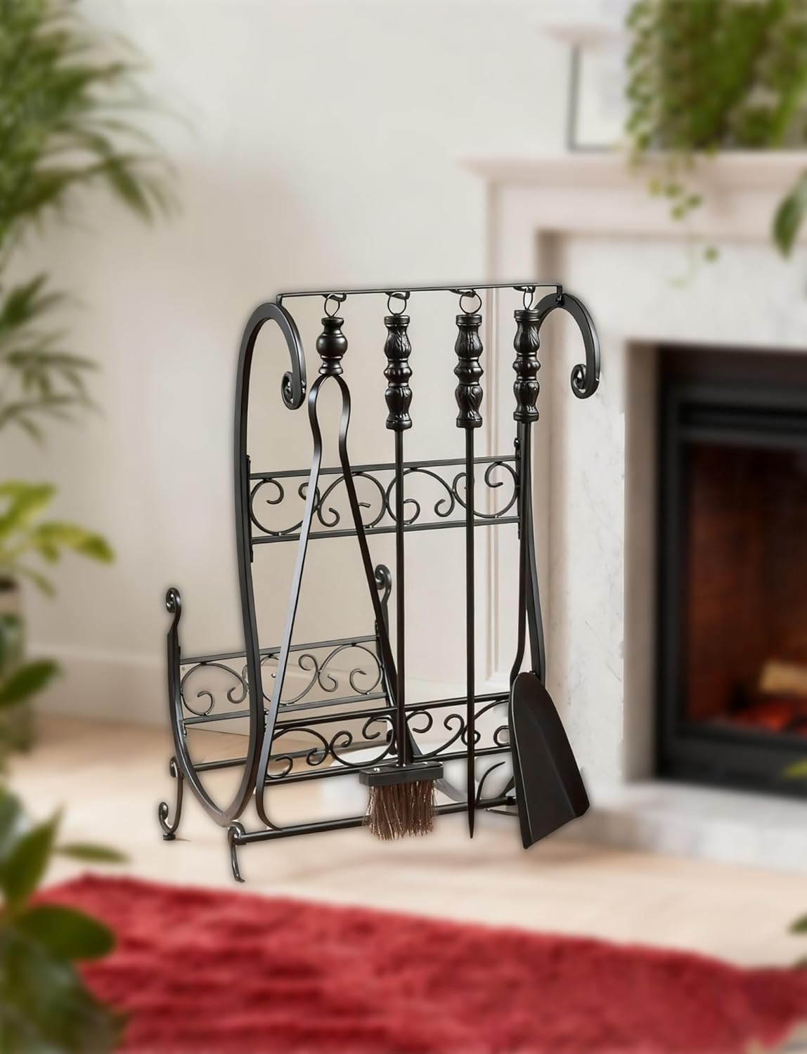 Outdoor & Indoor Fireplace Log Rack Set - Heavy Duty Iron Wood Storage Grate with Tools (Tongs, Brush, Shovel, Poker) & Handles