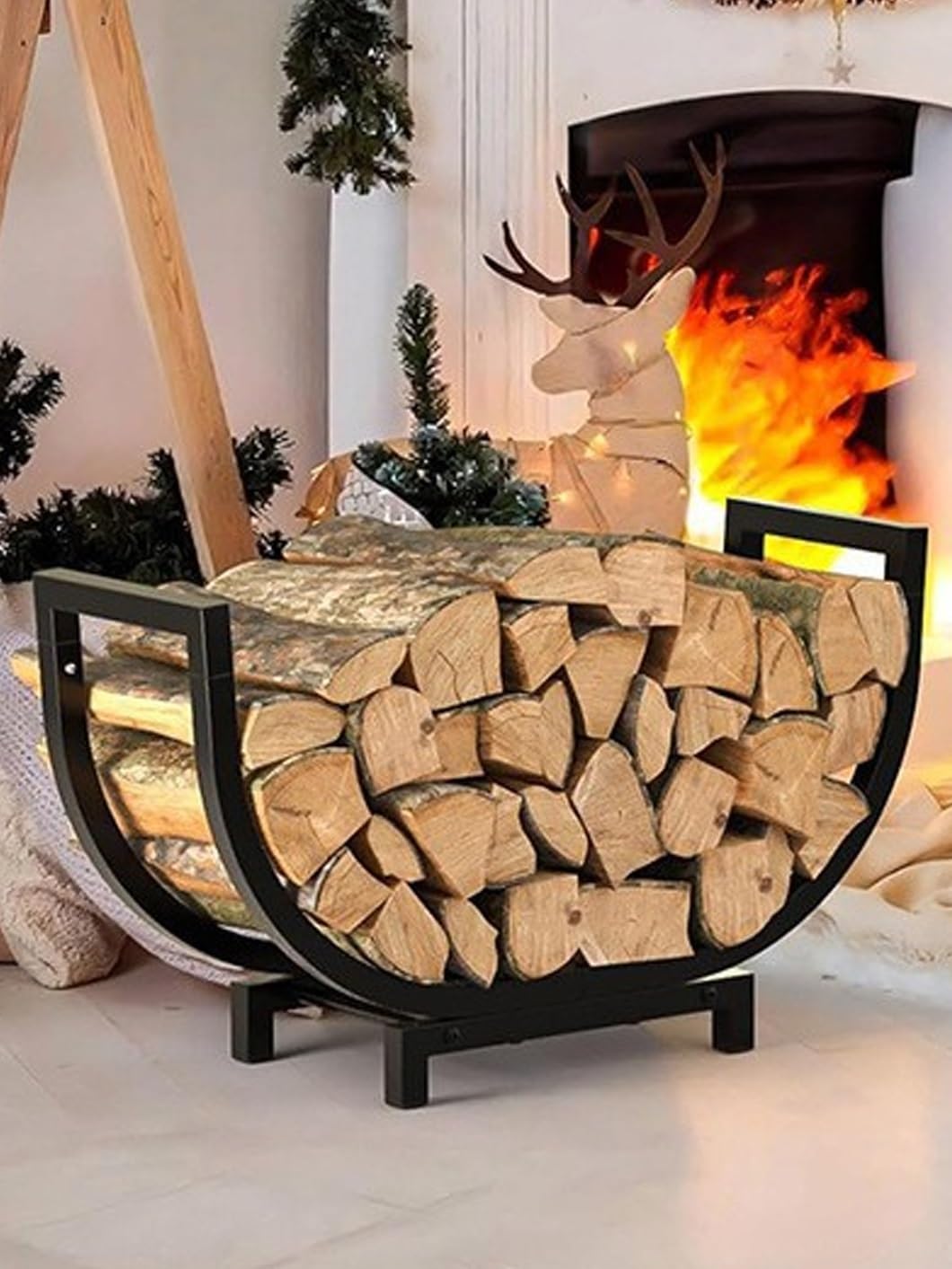 24-in Curved Firewood Rack, Indoor Outdoor Log Holder, Wide Steel Firewood Stand,Fireplace Log Holder Fire Wood Storage Racks