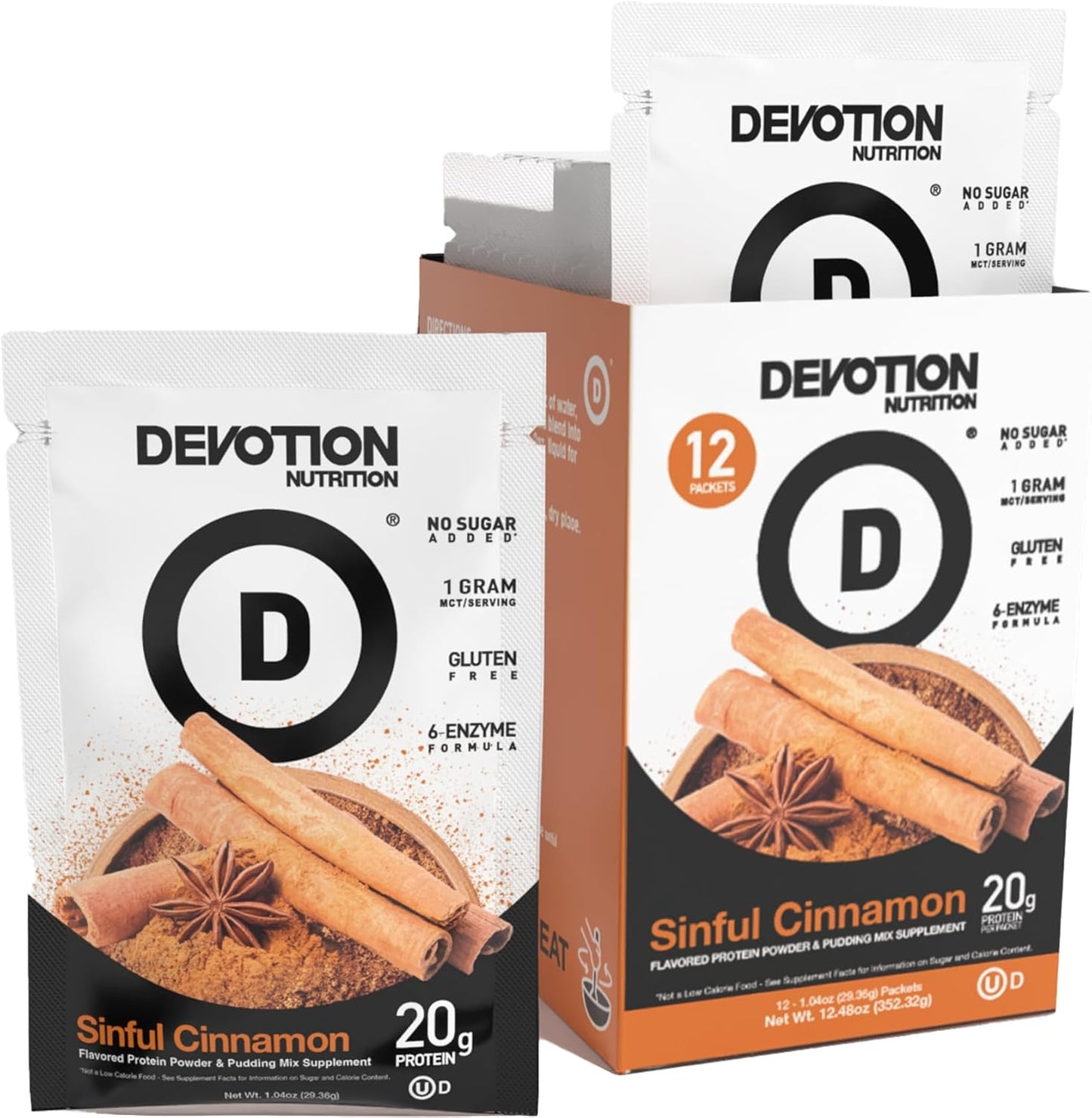 Devotion Nutrition Protein Powder Blend | Gluten Free, Keto Friendly, No Added Sugars | 1g MCT | 20g Whey & Micellar Protein | 12 Count Packets (Sinful Cinnamon)
