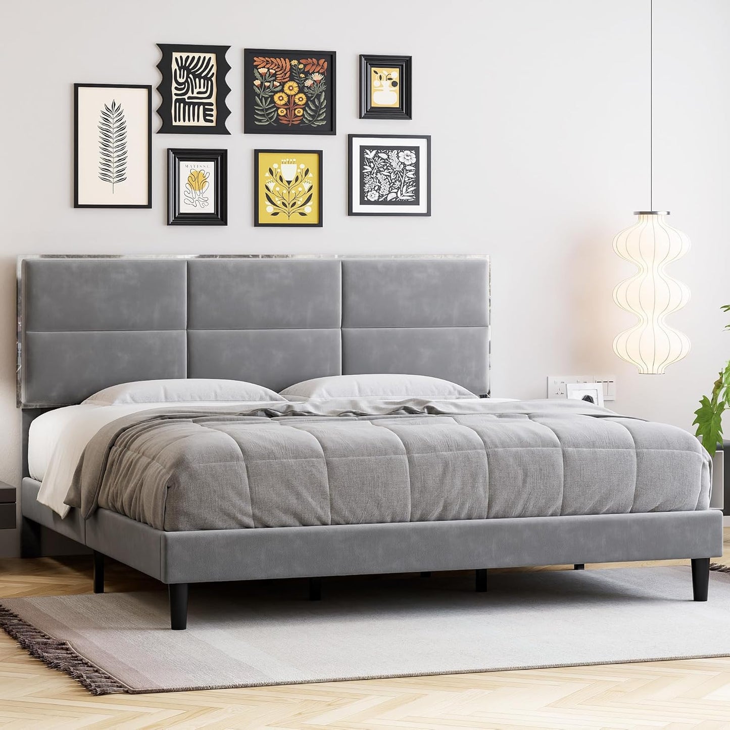 Qeetex GAOMON Full Size Platform Bed Frame with Fabric Upholstered Headboard and Wooden Slats Support Fully Upholstered Mattress Foundation/No Box Spring Needed/Easy Assembly Light Grey