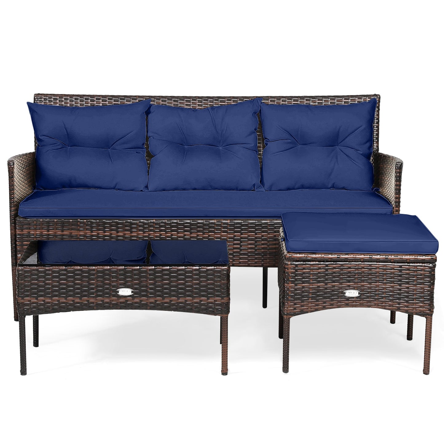 Slickblue 3-Piece Patio Rattan Sectional Set with Mix Brown Frame and Turquoise/Gray/ Navy Cushions Including Sofa Ottoman and Tempered Glass Coffee Table for Patios Balconies or Gardens