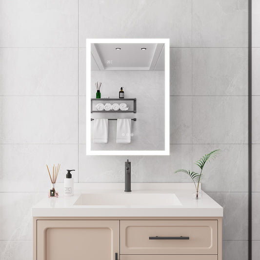 Boyel Living Bathroom Medicine Cabinet with LED Mirror Lights 28x20 Inch with Defogger Dimmer Clock Temp Display