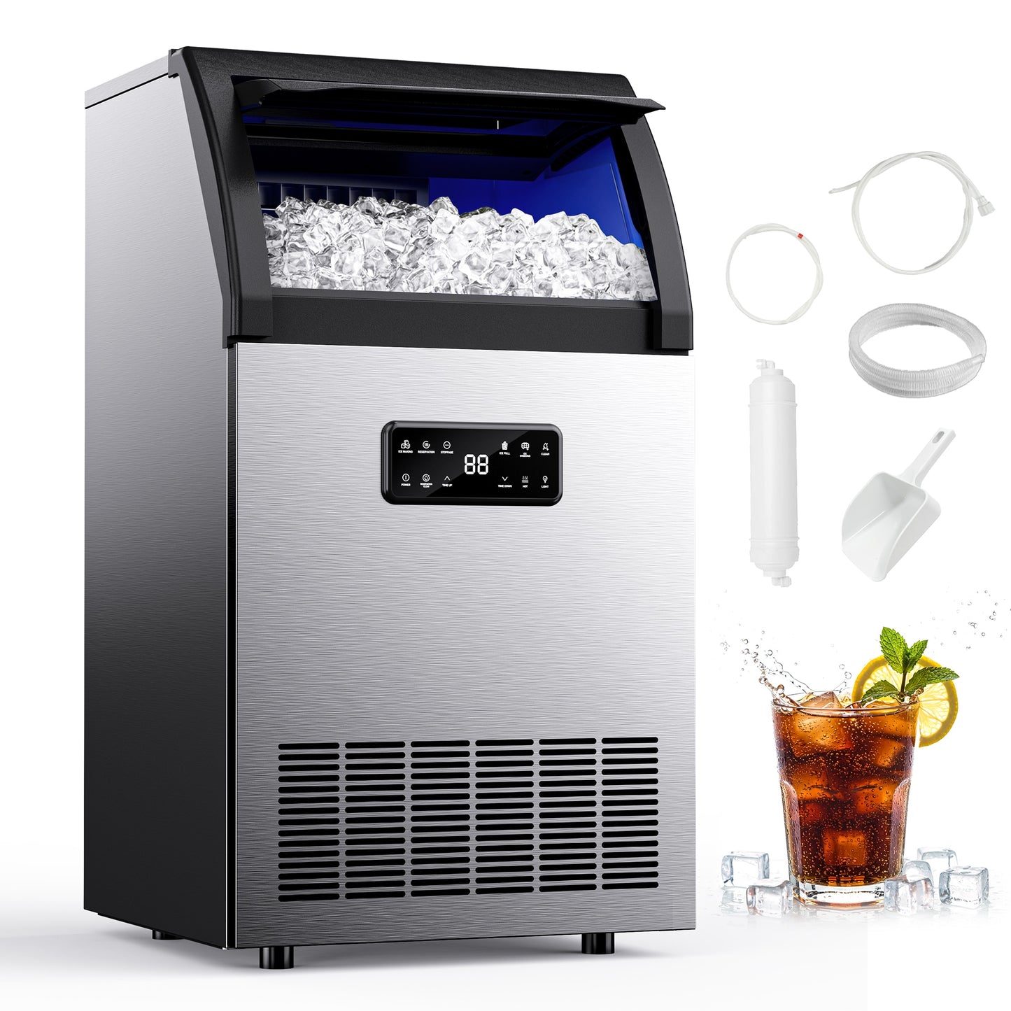 SIMZLIFE 100 lb/24H Full Size Cubes Commercial Ice Maker in Silver Stainless Steel with Auto-cleaning