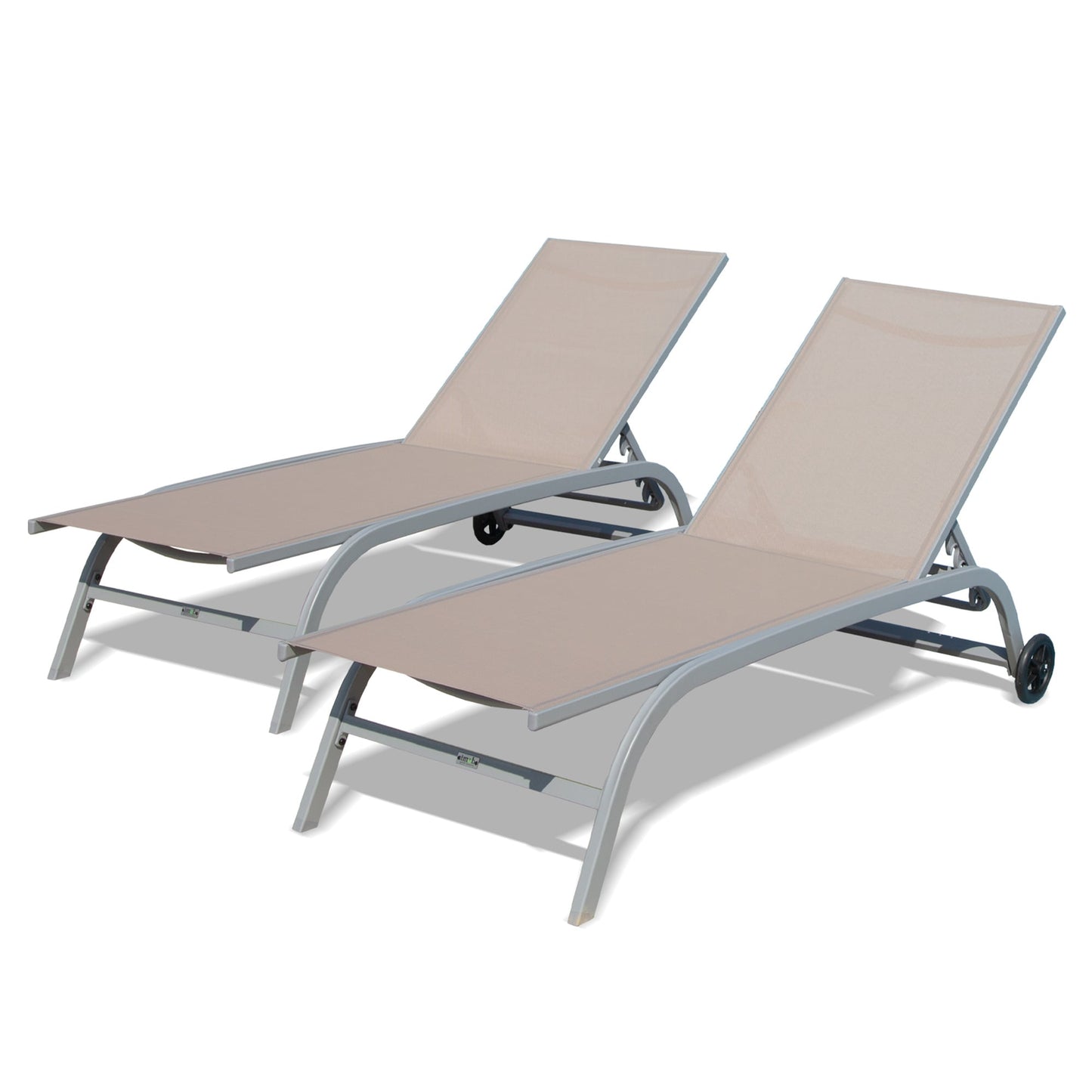 GDFStudio Modern Outdoor Set of 2 Aluminum Adjustable Chaise Lounge Chairs with Wheels Khaki