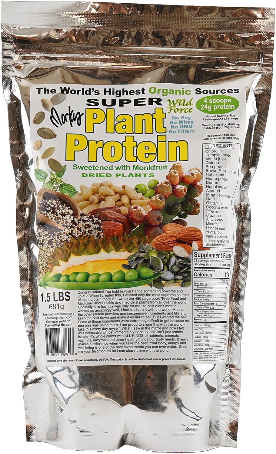 Super Plant Protein Sweetened - Raw Vegan Protein Powder Enriched with Exotic Pine Nuts, Chlorella, Durian, & Prickly Pear Cactus - Digestive-Friendly, Nutrient-Rich, Unprocessed - 681g