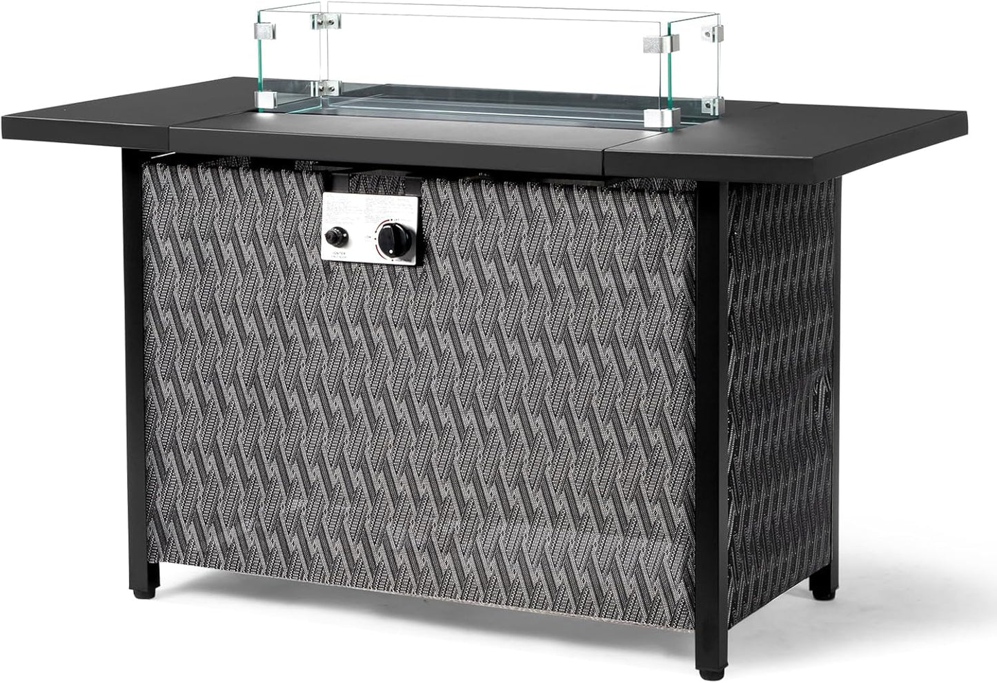 43-Inch Propane Fire Table Outdoor Gas Fire Pit with Waterproof Cover and Glass Wind Guard 50,000 Btu Patio Heater with Lava Rocks Rectangular Black Firepit Table for Outside Patio Dining