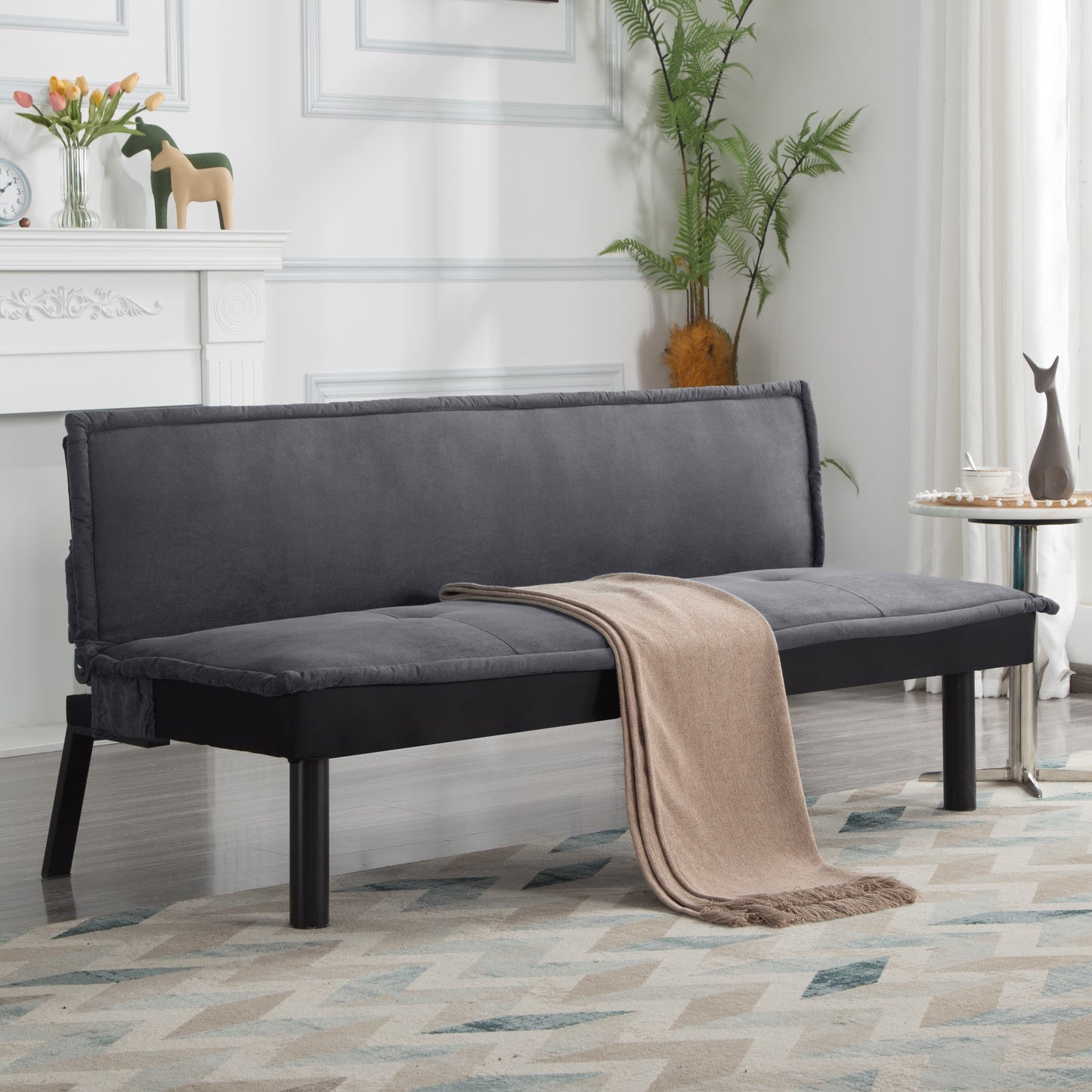 BSHTI 64.6” Futon Sofa Bed,Velvet Upholstery,Twin Size Convertible Sofa,With 5 Adjustable Positions,Perfect Meet your Different Needs-Gray