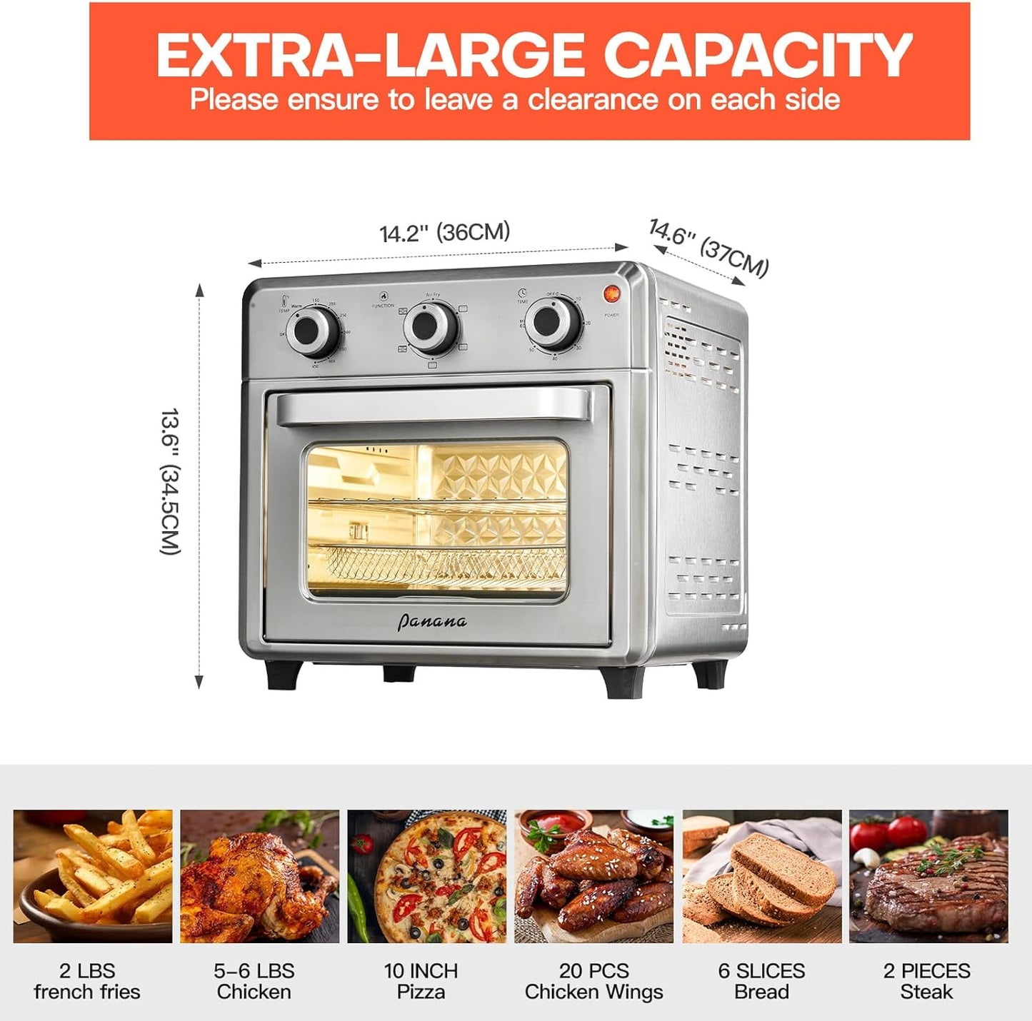 Compact Fryer Toaster Oven, 1400W 21QT with 6-in-1 Multifunctions and Wide Temperature Range, Stainless Steel Countertop Oven (Silver)