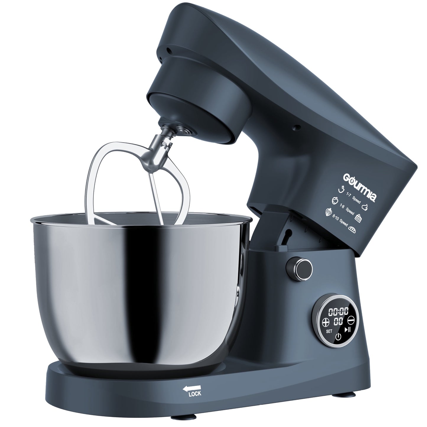 Gourmia 5 Quart Digital Electric Stand Mixer with Attachments, Bowl Shield, Dough Hook, Whisk, Beater – 10-Speed Dough Maker with LED Display Timer