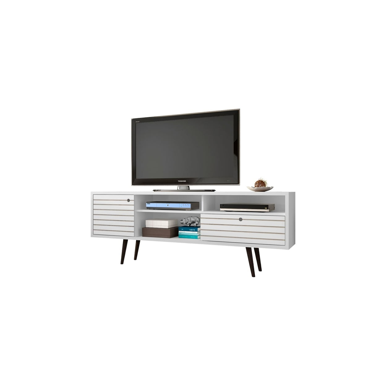 Liberty 70.86" Mid-Century Modern TV Stand with 4 Shelving Spaces and 1 Drawer with Solid Wood Legs