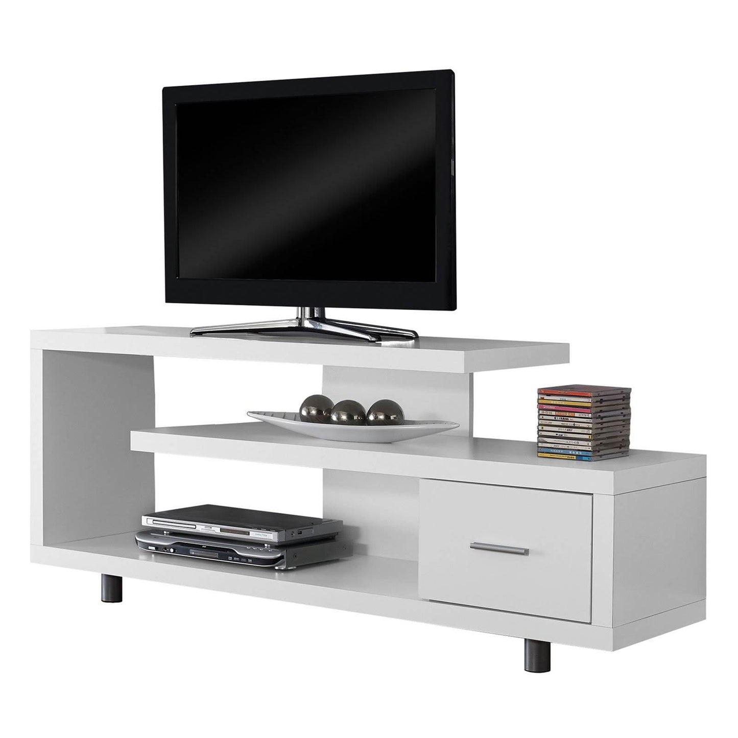 Monarch Specialties 60" Modern Art Deco Entertainment TV Stand w/ Drawer, White