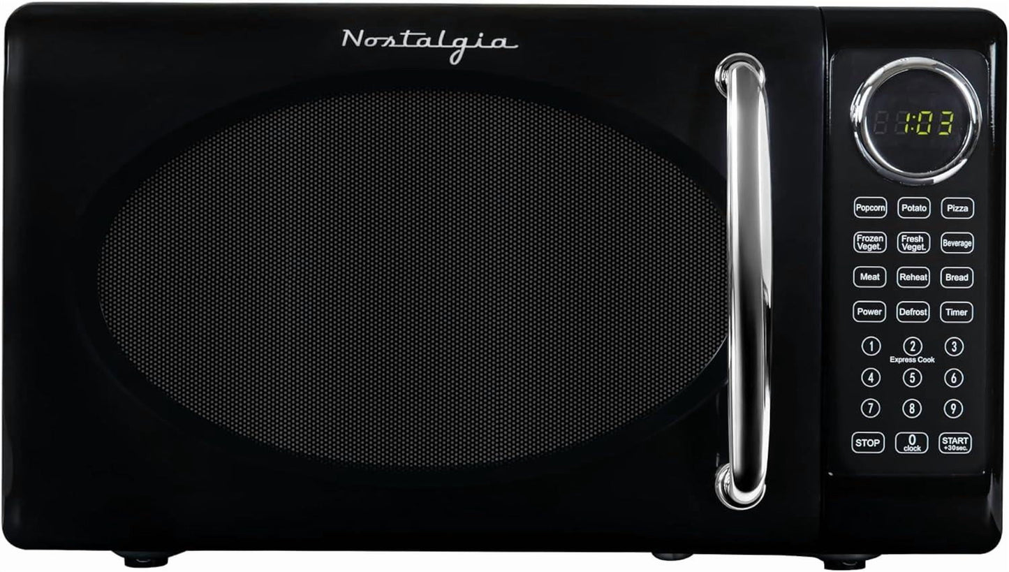 Nostalgia Retro Microwave Oven 0.7 Cu Ft, 700-Watt Countertop Size with Glass Turntable, Child Safety Lock, 8 Auto-Cook Programs, Digital Clock, Black