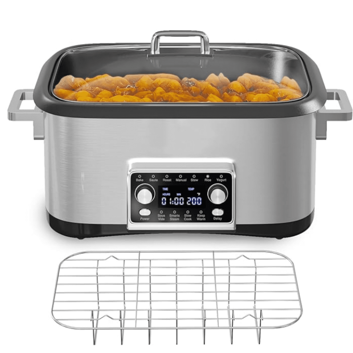Programmable 8 Quart Slow Cooker, 12 in 1 Multi-Cooker Food Warmer with Digital Timer, Temp Control, Removable Cast Aluminum Pot & Dishwasher-Safe Tempered Glass Lid, Stainless Steel