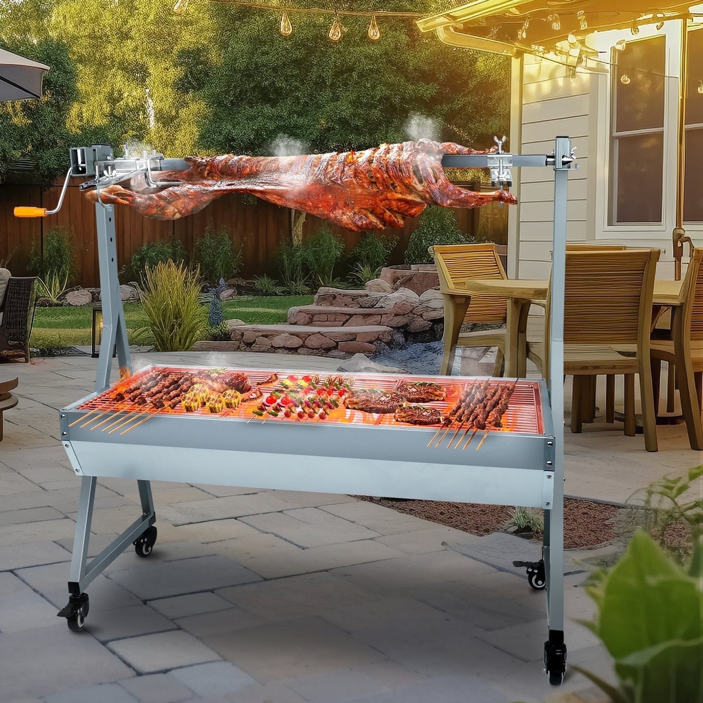 QAUSOU Outdoor Rotisserie Grill Pig Lamb Rotisserie Roaster 132LBS/60KG Stainless Steel Charcoal Spit Rotisserie Roaster Grill