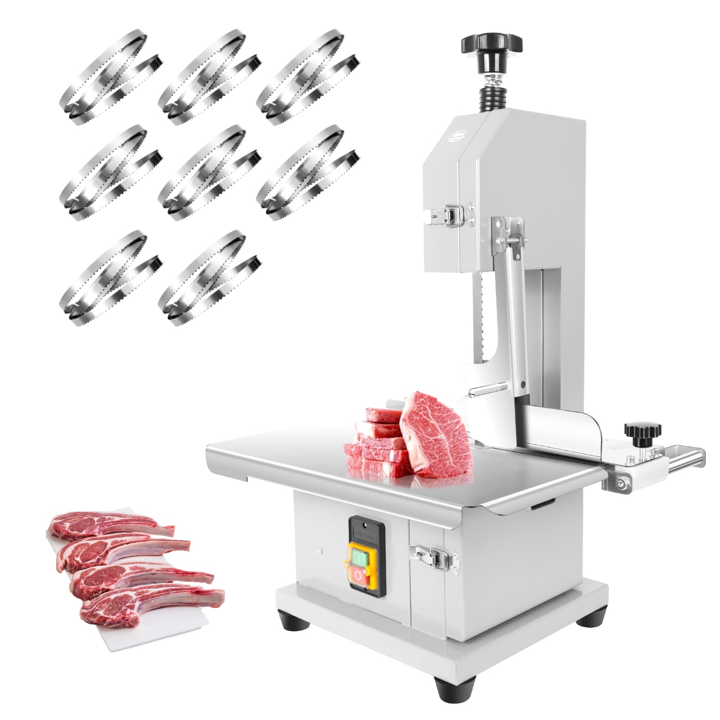POWKOL Electric Meat Cutting Machine, 1000 W Electric Bone Meat Cutter with 19 In x 14 In Worktable, Restaurant Kitchens Use Butcher Bandsaw, for Pork, Steak, Bone Cutting, Silver