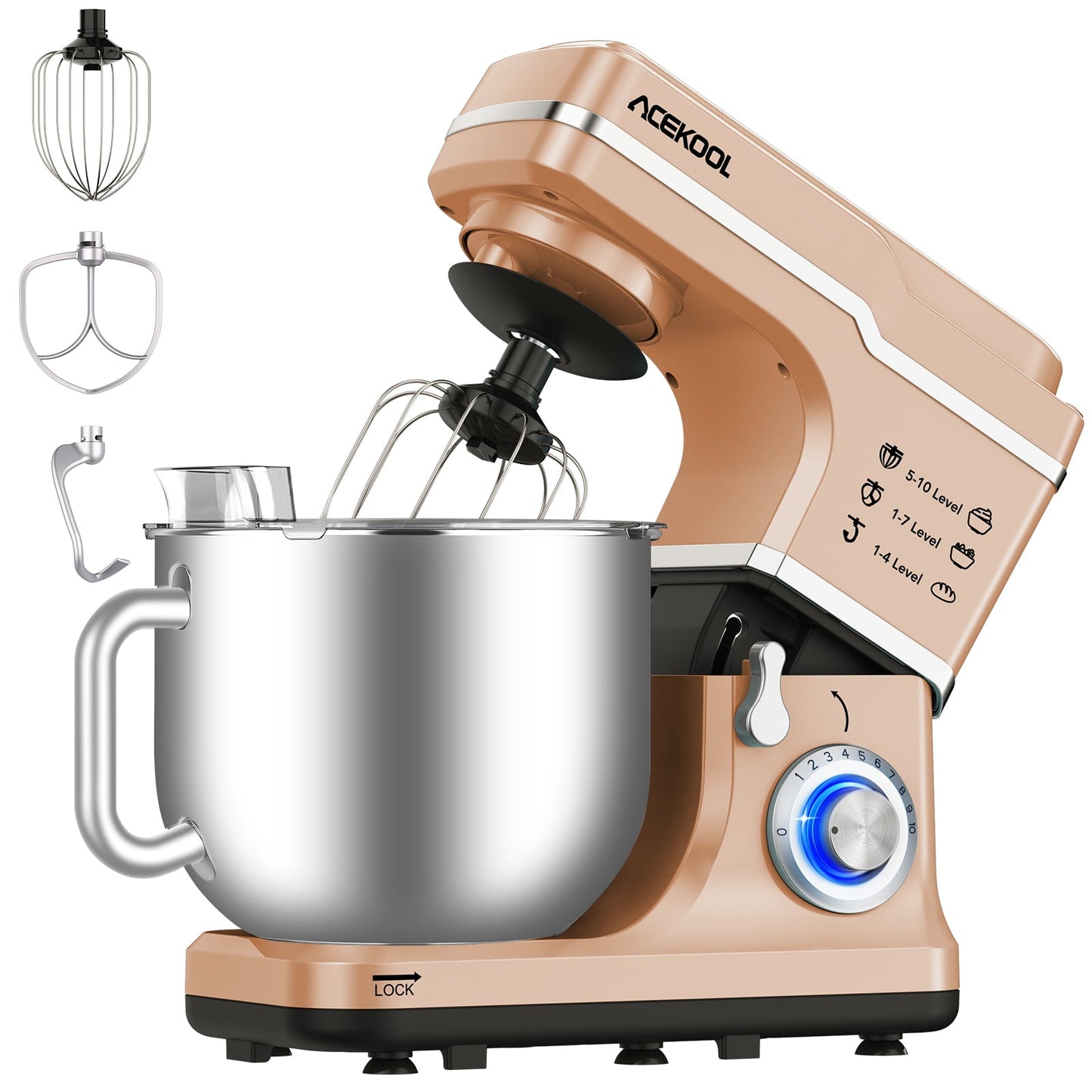 Stand Mixer, 7.5QT 660W Electric Dough Mixer, Kitchen 10-Speed Tilt-Head Food Mixer for Baking&Cake, with Stainless Steel Bowl,Gold