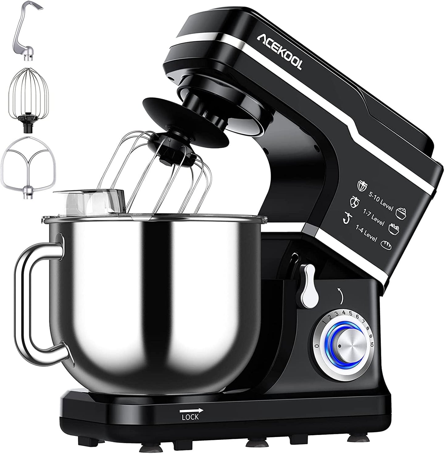 Stand Mixer, 7.5QT Kitchen Electric Food Mixer 10-Speed Tilt-Head Dough Mixer for Baking&Cake, with Stainless Steel Bowl, Whisk, Dough Hook, Beater, Splash Guard (660W)BLACK MC1
