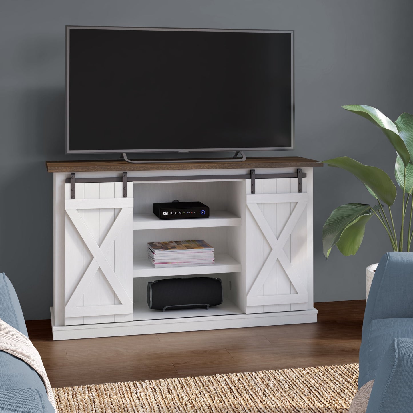 Twin Star Home TV Stand for TVs up to 60 in. with Sliding Barn Doors White/Saw Cut Espresso