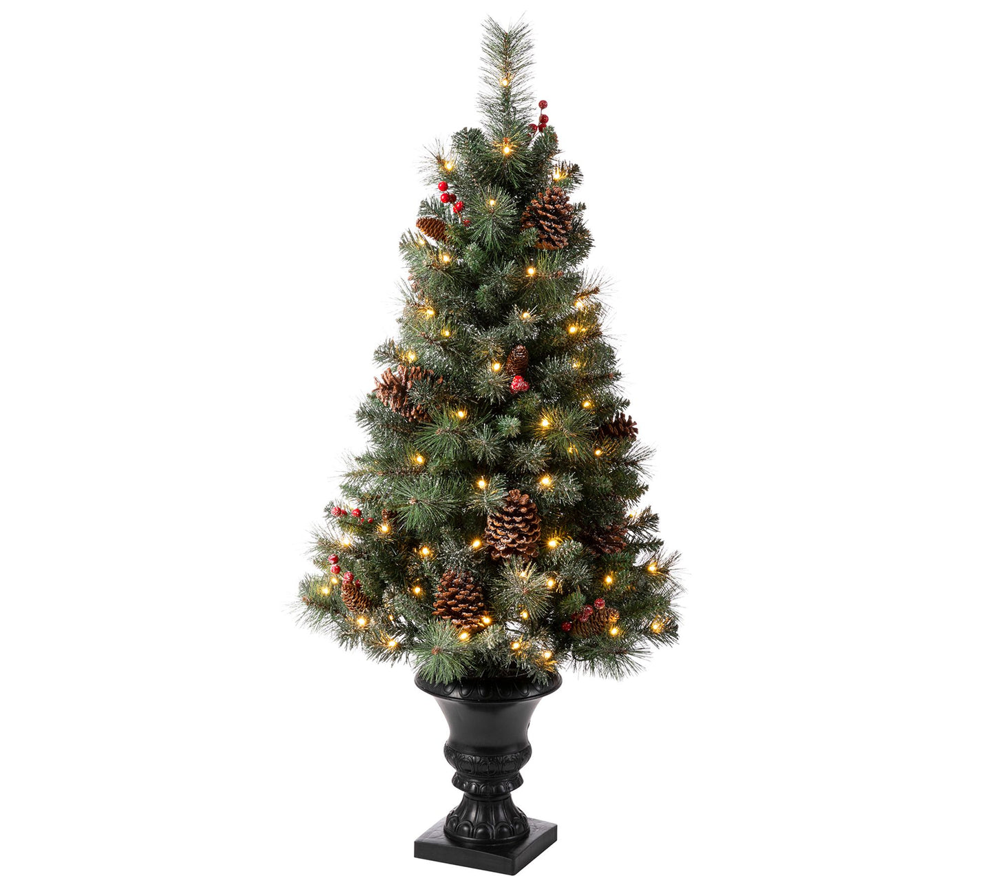 Glitzhome Flocked Base Tree w/ 100 Lights, Pinecones & Berries