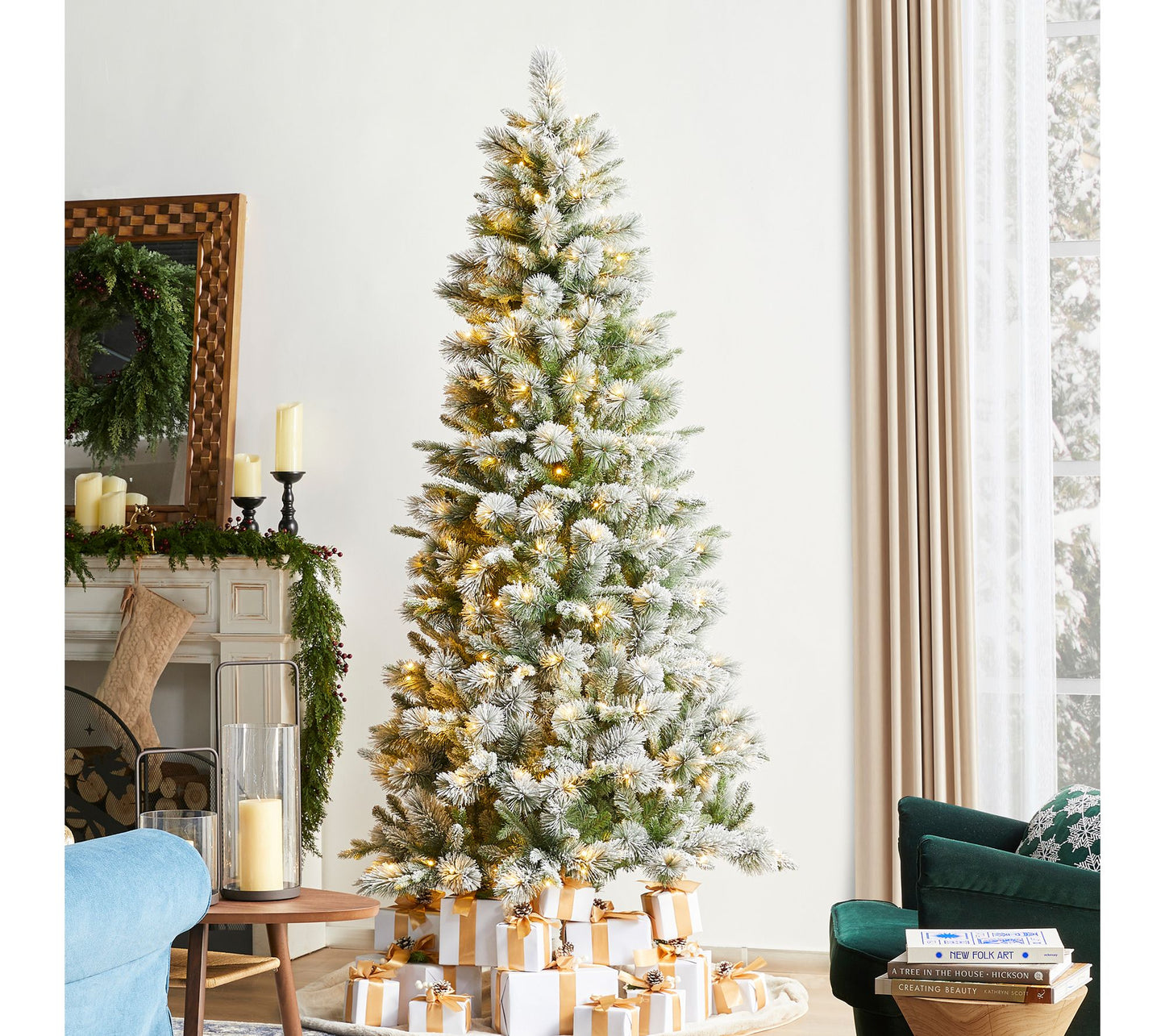 Glitzhome 7.5' Pre-Lit Flocked Slim Pine Faux Christmas Tree