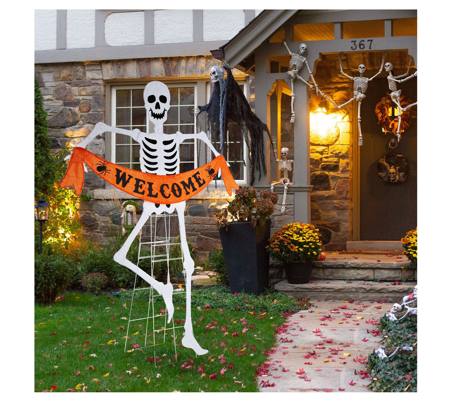 Glitzhome 86" WELCOME Lighted Halloween Skeleton Outdoor Decor