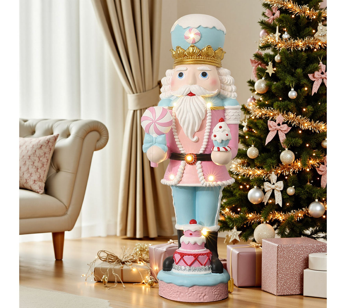 LuxenHome 4ft Lighted Pink Nutcracker with Cake, Xmas Decor