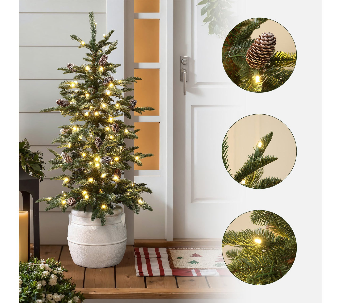 LuxenHome 4ft Pre-Lit Artificial Pine Xmas Treewith White Pot
