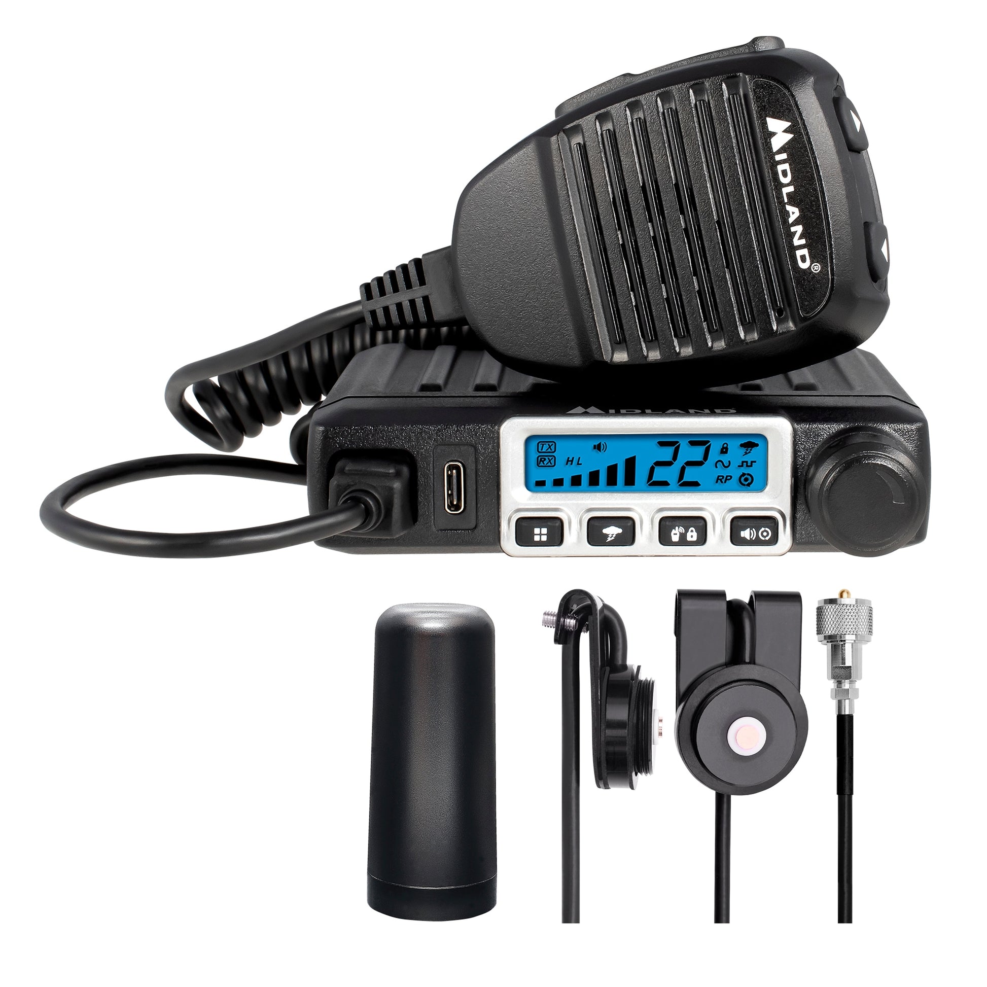 Midland Uniden Walkie Talkies with Alarm, 15W Radio + External Magnetic Mount Antenna, 8 Repeater Channels, 15 High Power GMRS Channels MXT115VP3