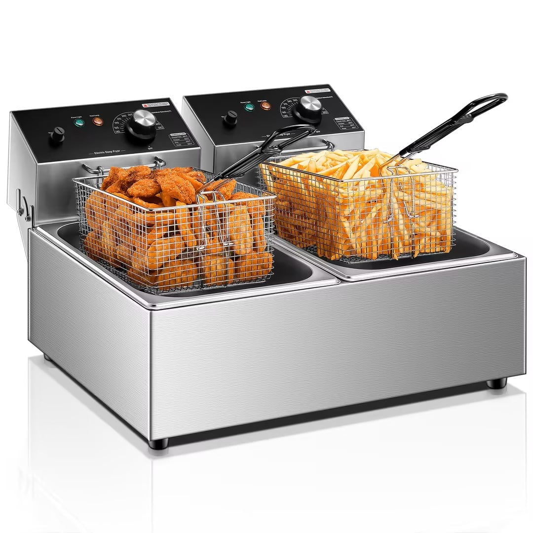 FOHERE 20.7Qt Electric Deep Fryer with Basket, 3400W with Temperature Control, Silver