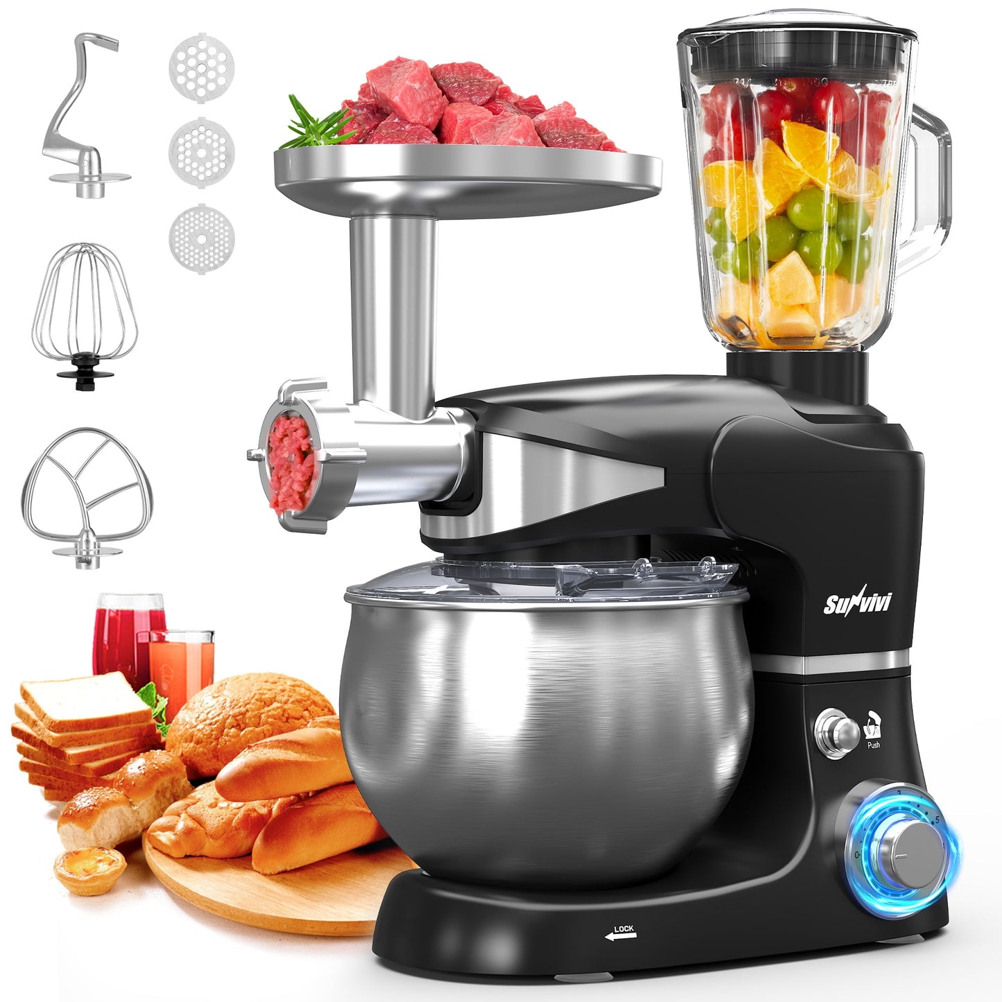 Heynemo 3-in-1 Electric Stand Mixer With Blender & Juicer - 6.5QT, Black