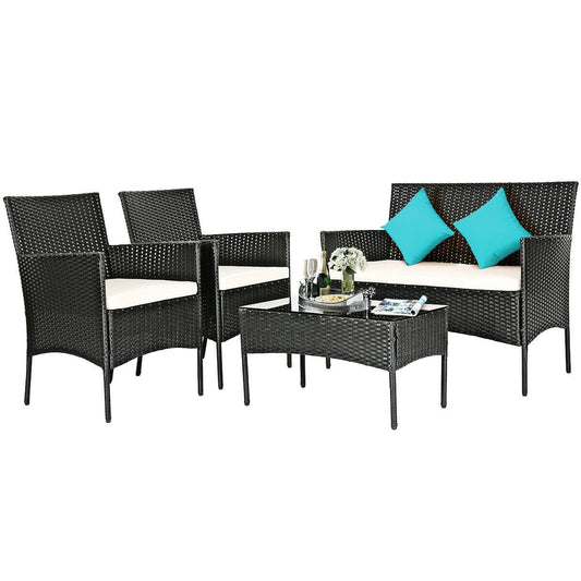 Clihome 4 -Piece Rattan Patio Conversation Set with White Cushions