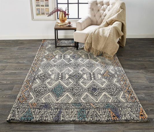 Room Envy Binada 5 x 8 (ft) Tufted Wool Noir Black/Apricot Orange Rectangular Indoor Geometric Global Area rug