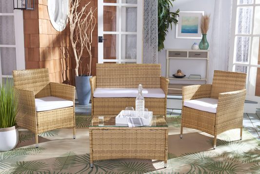 Safavieh Bandele 4 -Piece Wicker Patio Conversation Set with White SAFAVIEH Cushions