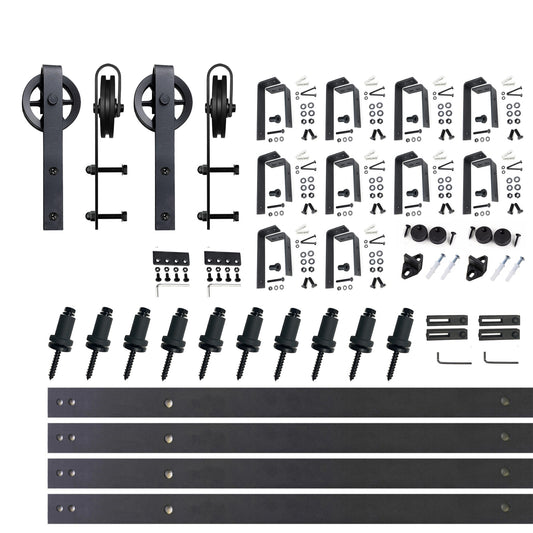 HOMACER 144-in Rustic Black Indoor Spoke Wheel Double Bypass Barn Door Hardware Kit HL4TGH144C