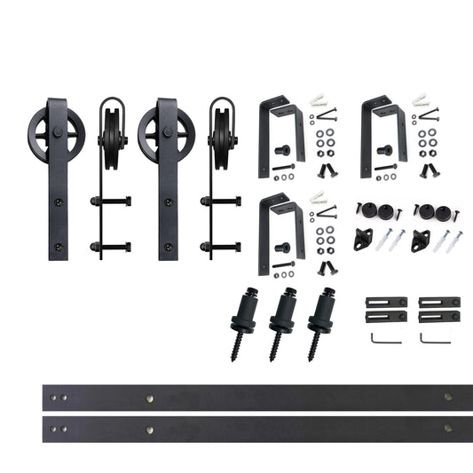 HOMACER 54-in Rustic Black Indoor Spoke Wheel Double Bypass Barn Door Hardware Kit HL4TGH054C